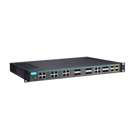 Moxa (ICS-G7828A-8GSFP-4XG-HV-HV-T) 3 lygmens visi prievadai Gigabit, valdomas Ethernet komutatorius, komplektacija: 12 10/100/1000BaseT(X) prievadai, 8 100/1000BaseSFP lizdai, 4 10/100/1000BaseT(X) arba 100/1000BaseSFP lizdas kombinuoti prievadai, 4 10Gb
