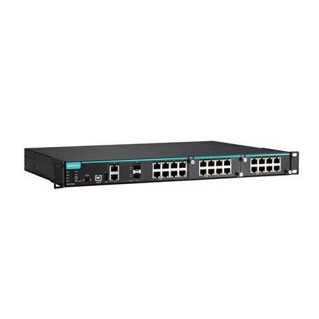 Moxa (IKS-6726A-2GTXSFP-HV-HV-T) modulinis valdomas Ethernet komutatorius, komplektacija: 8 10/100BaseT(X) prievadai, 2 10/100/1000BaseT(X) arba 100/1000BaseSFP kombinuoti prievadai, 2 lizdai skirta Fast Ethernet moduliai, priekinis kabelių prijungimas, 2