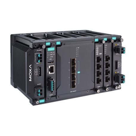 Moxa (MDS-G4012-4XGS-T) 2 lygmens visi prievadai Gigabit, modulinis valdomas Ethernet komutatorius, komplektacija: 4 fiksuotas 10GbE SFP+ lizdai, 2 lizdai skirta pasirinktinai 4 prievadų GE/FE moduliai, 2 lizdai skirta galvaniškai atskirtas maitinimas mod