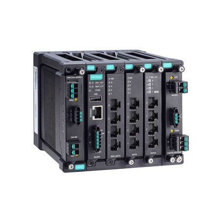 Moxa (MDS-G4012-L3-T) 3 lygmens visi prievadai Gigabit, modulinis valdomas Ethernet komutatorius, komplektacija: 4 fiksuotas Gigabit Ethernet prievadai, 2 lizdai skirta pasirinktinai 4 prievadų GE/FE moduliai, 2 lizdai skirta galvaniškai atskirtas maitini