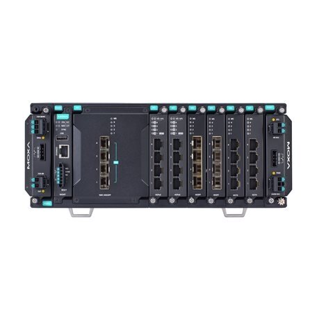 Moxa (MDS-G4028-4XGS-T) 2 lygmens visi prievadai Gigabit, modulinis valdomas Ethernet komutatorius, komplektacija: 4 fiksuotas 10GbE SFP+ lizdai, 6 lizdai skirta pasirinktinai 4 prievadų GE/FE moduliai, 2 lizdai skirta galvaniškai atskirtas maitinimas mod 2