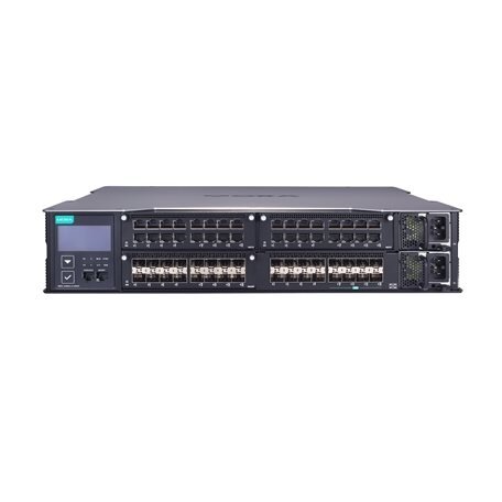 Moxa (MRX-G4064-L3-8XGS) 3 lygmens modulinis valdomas Gigabit Ethernet komutatorius, komplektacija: 3 lizdai skirta 16 prievadų Gigabit Ethernet moduliai, 8 10GbE SFP+ lizdai, 2 galvaniškai atskirti maitinimo šaltiniai (90...264 VAC), Darbinė temperatūra: 2