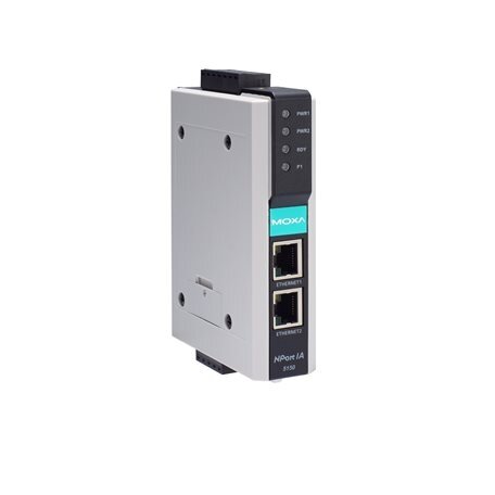 Moxa (NPort IA-5150) 1 prievadų RS-232/422/485 įrenginių serveris, komplektacija: 2 10/100BaseT(X) prievadai (RJ45 jungtys, vienas IP), Darbinė temperatūra: 0...55 °C