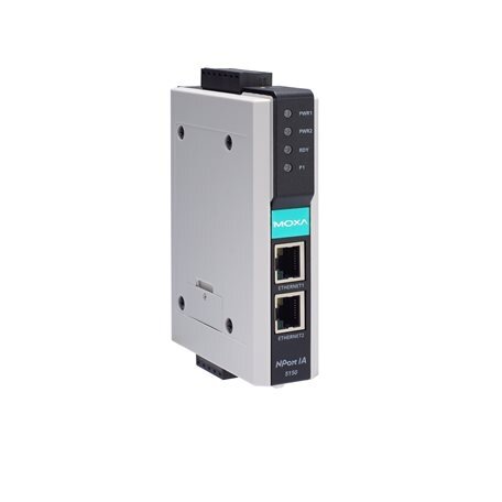 Moxa (NPort IA-5150I-T) 1 prievadų RS-232/422/485 įrenginių serveris, komplektacija: 2 10/100BaseT(X) prievadai (RJ45 jungtys, vienas IP) ir 2 kV optinis galvaninis atskyrimas, Darbinė temperatūra: -40...75 °C