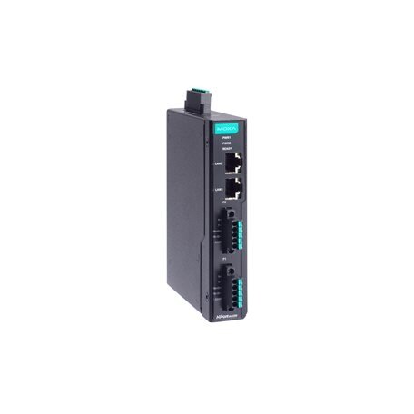 Moxa (NPort IA5250-TB-G2-T) 2 kartos 2 prievadų RS-232/422/485 DIN bėgelio nuosekliojo ryšio įrenginių serveris, komplektacija: 2 RJ45 prievadai, 2 5 kontaktų gnybtų blokai, Darbinė temperatūra: -40...75 °C