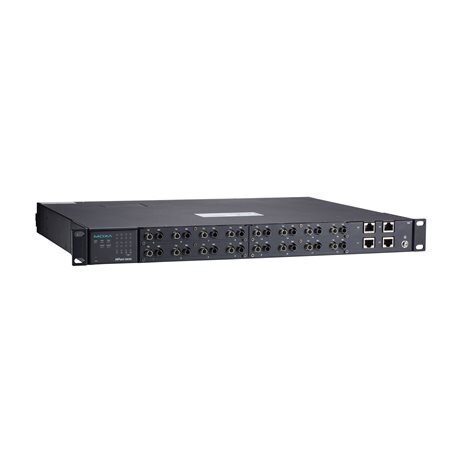 Moxa (NPort S9650I-16F-2HV-E-T) 16 prievadų RS-232/422/485 atsparus aplinkai įrenginių serveris su daugiamodis ST jungtys on nuosekliojo ryšio prievadai, 2 10/100BaseT(X) prievadai su IEEE 1588v2 Palaikymas, 88...300 VDC arba 85...264 VAC, Darbinė tempera