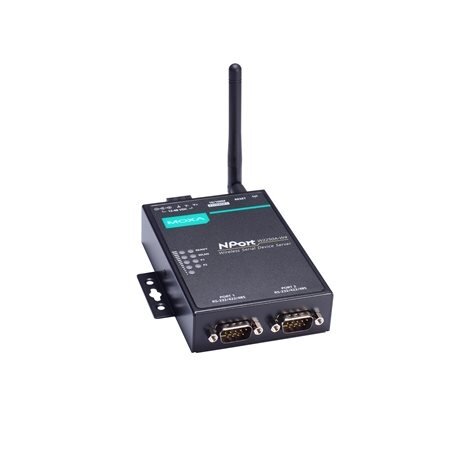 Moxa (NPort W2250A-W4-EU) 2 prievadų RS-232/422/485 belaidis įrenginių serveris, komplektacija: 802.11a/b/g/n WLAN EU dažnių juosta, EU kištukas. 12...48 VDC, Darbinė temperatūra: 0...55 °C