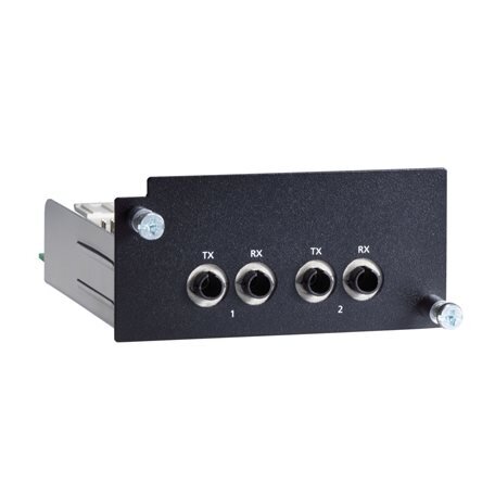Moxa (PM-7500-2MST) Fast Ethernet modulis, komplektacija: 2 100BaseFX daugiamodis prievadai su ST jungtys, atitinka su IEC 61850-3, Darbinė temperatūra: -40...85 °C