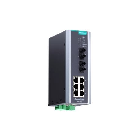 Moxa (PT-508-MM-ST-48) IEC 61850-3 valdomas DIN bėgelio Ethernet komutatorius,, komplektacija: 6 10/100BaseT(X) prievadai ir 2 100BaseFX daugiamodis prievadai su ST jungtys, 1 galvaniškai atskirtas maitinimo šaltinis (48 VDC), Darbinė temperatūra: -40...8 3