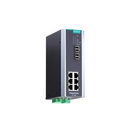Moxa (PT-508-SS-LC-HV) IEC 61850-3 valdomas DIN bėgelio Ethernet komutatorius,, komplektacija: 6 10/100BaseT(X) prievadai ir 2 100BaseFX vienamodis prievadai su LC jungtys, 1 galvaniškai atskirtas maitinimo šaltinis (88...300 VDC arba 85...264 VAC), Darbi