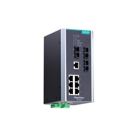 Moxa (PT-510-3S-SC-24) IEC 61850-3 valdomas DIN bėgelio Ethernet komutatorius,, komplektacija: 7 10/100BaseT(X) prievadai ir 3 100BaseFX vienamodis prievadai su SC jungtys, 1 galvaniškai atskirtas maitinimo šaltinis (24 VDC), Darbinė temperatūra: -40...85