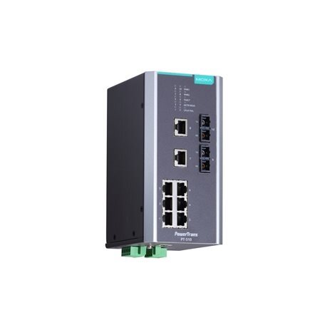 Moxa (PT-510-MM-SC-HV) IEC 61850-3 valdomas DIN bėgelio Ethernet komutatorius,, komplektacija: 8 10/100BaseT(X) prievadai ir 2 100BaseFX daugiamodis prievadai su SC jungtys, 1 galvaniškai atskirtas maitinimo šaltinis (88...300 VDC arba 85...264 VAC), Darb