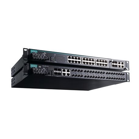 Moxa (PT-7528-20MST-4TX-4GSFP-WV-WV) IEC 61850-3 valdomas Montuojamas į spintą Ethernet komutatorius, komplektacija: 20 100BaseFX prievadai (MST), 4 10/100BaseT(X) prievadai, ir 4 1000BaseSFP prievadai, skirta a bendras of up į 28 prievadai, 2 galvaniškai 3
