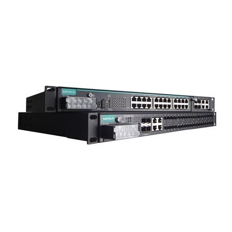 Moxa (PT-7528-8MSC-16TX-4GSFP-WV) IEC 61850-3 valdomas Montuojamas į spintą Ethernet komutatorius, komplektacija: 8 100BaseFX prievadai (MSC), 16 10/100BaseT(X) prievadai, ir 4 1000BaseSFP prievadai, skirta a bendras of up į 28 prievadai, 1 galvaniškai at 2