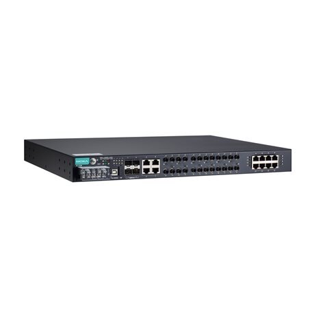 Moxa (PT-7528-8MST-16TX-4GSFP-WV) IEC 61850-3 valdomas Montuojamas į spintą Ethernet komutatorius, komplektacija: 8 100BaseFX prievadai (MST), 16 10/100BaseT(X) prievadai, ir 4 1000BaseSFP prievadai, skirta a bendras of up į 28 prievadai, 1 galvaniškai at