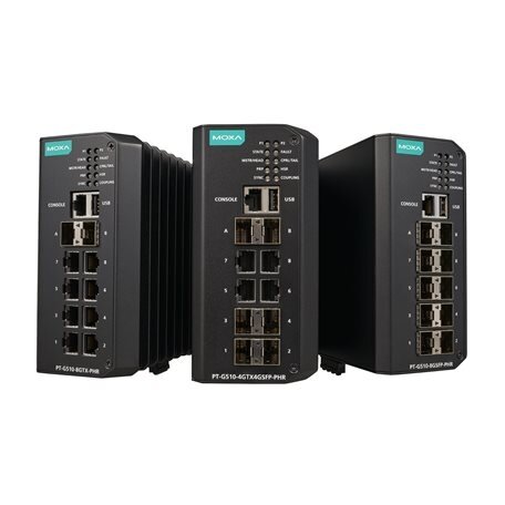 Moxa (PT-G510-8GSFP-PHR-WV-CT) IEC 61850-3 ir IEC 62439-3 visi prievadai Gigabit, valdomas Ethernet komutatorius, komplektacija: 10 100/1000Base SFP prievadai, galvaniškai atskirtas dvigubas maitinimas maitinimo šaltinis (24/48 VDC), Darbinė temperatūra:  1