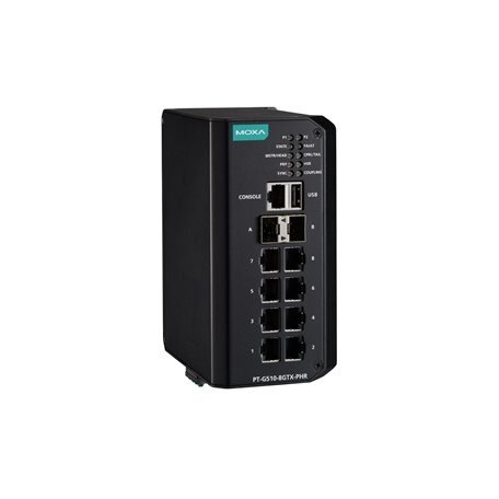 Moxa (PT-G510-8GTX-PHR-HV) IEC 61850-3 ir IEC 62439-3 visi prievadai Gigabit, valdomas Ethernet komutatorius, komplektacija: 8 100/1000BaseT(X) prievadai, 2 100/1000Base SFP prievadai, galvaniškai atskirtas dvigubas maitinimas maitinimo šaltinis (88...300