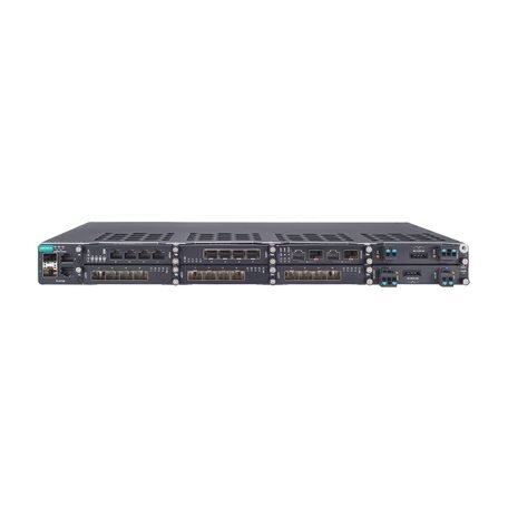 Moxa (PT-G7728) 2 lygmens modulinis valdomas Ethernet komutatorius, komplektacija: 2 100/1000BaseSFP ir 2 10/100/1000BaseT(X), 6 lizdai Ethernet moduliams ir 2 lizdai skirta maitinimo moduliai, skirta a didžiausias of 28G prievadai bendras 2
