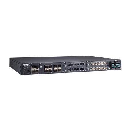 Moxa (RKS-G4028-4GS-LV-T) 2 lygmens modulinis valdomas Ethernet komutatorius, komplektacija: 4 100/1000BaseSFP prievadai, 3 lizdai Ethernet moduliams, 1 galvaniškai atskirtas maitinimo šaltinis (24/48 VDC), Darbinė temperatūra: -40...75 °C 2