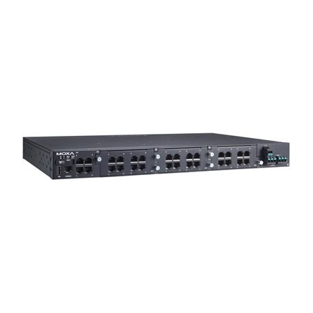 Moxa (RKS-G4028-L3-4GT-2LV-T) 3 lygmens modulinis valdomas Ethernet komutatorius, komplektacija: 4 10/100/1000BaseT(X) prievadai, 3 lizdai Ethernet moduliams, 2 galvaniškai atskirti maitinimo šaltiniai (24/48 VDC), Darbinė temperatūra: -40...75 °C