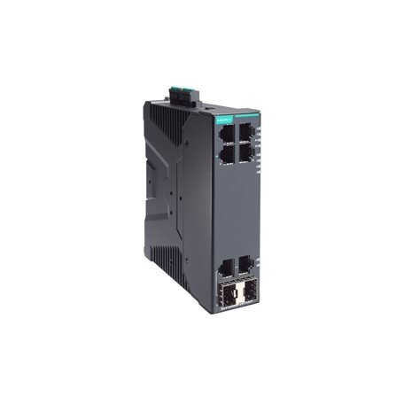 Moxa (SDS-G3006-2GTXSFP-T) kompaktiškas pramoninis išmanusis Ethernet komutatorius, komplektacija: 4 10/100/1000BaseT(X) prievadai, 2 10/100/1000BaseT(X) arba 100/1000BaseSFP kombinuoti prievadai, dvigubas 12/24/48 VDC maitinimo įėjimai, Darbinė temperatū