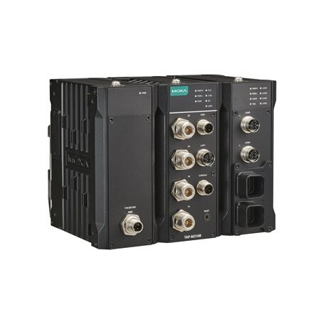 Moxa (TAP-M310R-1P1R1S-EU-CT-T) Wi-Fi 6 (802.11ax) geležinkelio pakelės įrangos belaidis prieigos taškas / klientas su vienu radijo ryšio ir vienas komutatorius modulis, vienas M12 K kodavimo 110/220 VAC įėjimas, EU dažnių juosta, Darbinė temperatūra: -40
