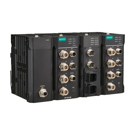 Moxa (TAP-M310R-1P2R1S-US-CT-T) Wi-Fi 6 (802.11ax) geležinkelio pakelės įrangos belaidis prieigos taškas / klientas su dviem radijo moduliais ir vienu komutatoriaus moduliu, vienas M12 K kodavimo 110/220 VAC įėjimas, US dažnių juosta, Darbinė temperatūra: