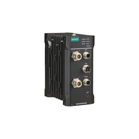 Moxa (TAP-M310R-NPS-1R-US-CT-T) Wi-Fi 6 (802.11ax) traukinyje montuojamas belaidis prieigos taškas / klientas su vienu radijo ryšio modulis, no maitinimas skirstytuvai, vienas M12 A kodavimo 24 VDC įėjimas, US dažnių juosta, Darbinė temperatūra: -40...75  1