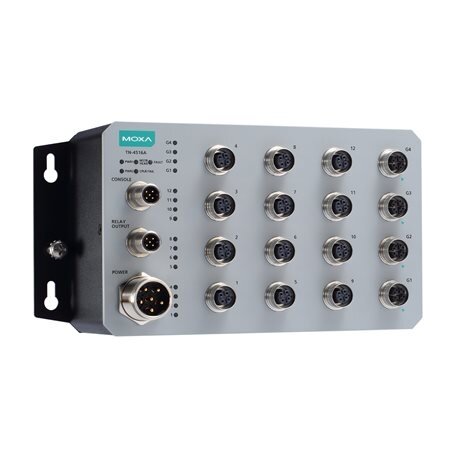 Moxa (TN-4516A-4GTX-WV-T) valdomas Ethernet komutatorius, komplektacija: 12 10/100BaseT(X) prievadai, ir 4 10/100/1000BaseT(X) prievadai, komplektacija: M12 jungtys, dvigubas rezervinis maitinimas įėjimai (24-110 VDC), Darbinė temperatūra: -40...75 °C