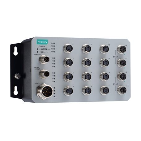 Moxa (TN-4516A-4GTXBP-WV-T) valdomas Ethernet komutatorius, komplektacija: 12 10/100BaseT(X) prievadai, ir 4 10/100/1000BaseT(X) prievadai, komplektacija: M12 jungtys, 4 Gigabit Ethernet prievadai su apėjimo funkcija relė funkcija Palaikymas, dvigubas rez