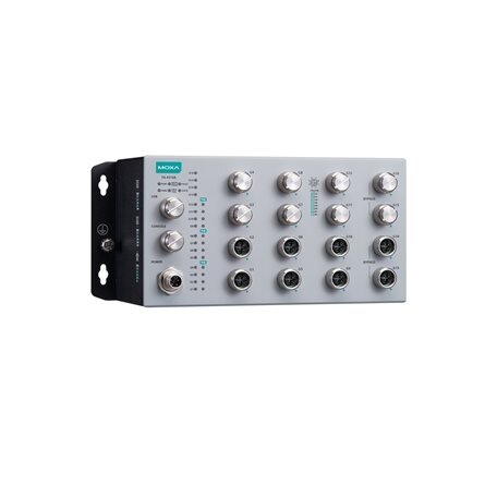 Moxa (TN-4516B-12GP-4GBP-CT-T) EN 50155 16 prievadų L2 komutatorius, komplektacija: 4 Gigabit prievadai (su apėjimo funkcija relė), 12 Gigabit PoE prievadai, 150 W PoE galios biudžetas, 24...110 VDC maitinimo įėjimas, Darbinė temperatūra: -40...70 °C, IP4