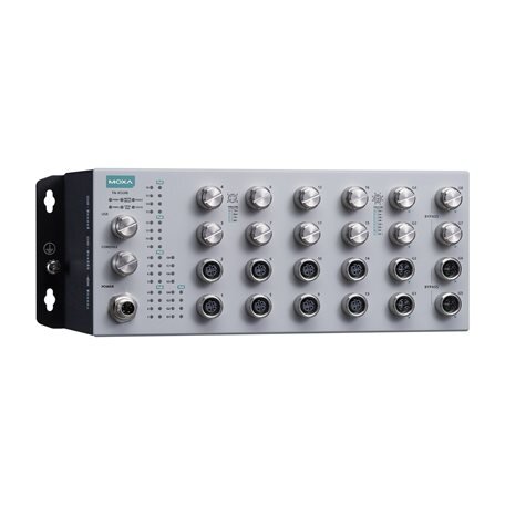Moxa (TN-4524B-16P-4GP-4GBP-CT-T) EN 50155 24 prievadų L2 komutatorius, komplektacija: 16 FE PoE prievadai, 4 Gigabit prievadai (su apėjimo funkcija relė), 4 Gigabit PoE prievadai, 150 W PoE galios biudžetas, 24...110 VDC maitinimo įėjimas, Darbinė temper Moxa (TN-4524B-16P-4GP-4GBP-CT-T) EN 50155 24 prievadų L2 komutatorius, komplektacija: 16 FE PoE prievadai, 4 Gigabit prievadai (su apėjimo funkcija relė), 4 Gigabit PoE prievadai, 150 W PoE galios biudžetas, 24...110 VDC maitinimo įėjimas, Darbinė temper