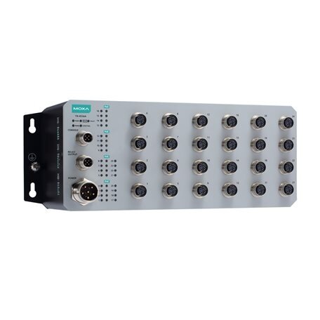 Moxa (TN-4528A-16PoE-2GPoE-2GODC-WV-T) 16 PoE 10/100BaseT(X) prievadai, komplektacija: M12 jungtis, 8 10/100BaseT(X) prievadai, komplektacija: M12 jungtis, 2 PoE 10/100/1000BaseT(X) prievadai, komplektacija: M12 jungtis, 2 1000BaseLSX šviesolaidis optinis 3