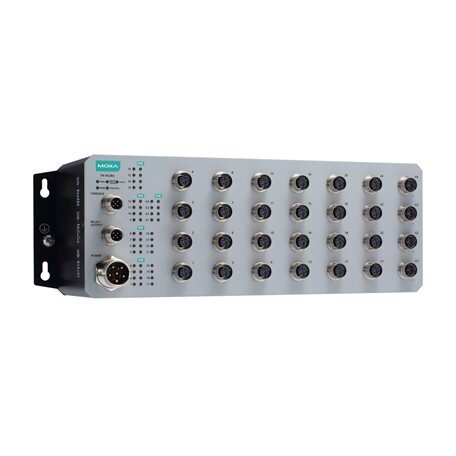 Moxa (TN-4528A-16PoE-4GPoE-WV-T) 16 PoE 10/100BaseT(X) prievadai, komplektacija: M12 jungtis, 8 10/100BaseT(X) prievadai, komplektacija: M12 jungtis, 4 PoE 10/100/1000BaseT(X) prievadai, komplektacija: M12 jungtis, 1 (dvigubas įėjimas) 24...110 VDC maitin