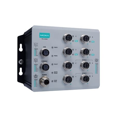 Moxa (TN-4908-ETBN-4GPoE-4GTXBP-WV-CT-T) IEC 61375 ETBN pramoninis saugus maršrutizatorius, komplektacija: 8 Gigabit Ethernet prievadai įskaitant 4 Gigabit PoE+ prievadai, 4 Gigabit Ethernet prievadai su apėjimo funkcija relė, bendras 50 W galios biudžeta