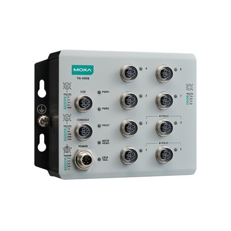 Moxa (TN-4908-ETBN-4TXBP-WV-CT-T) IEC 61375 ETBN pramoninis saugus maršrutizatorius, komplektacija: 4 Fast Ethernet prievadai su apėjimo funkcija relė, 24...110 VDC maitinimo įėjimas, IP40, Darbinė temperatūra: -40...70 °C, apsauginė elektronikos danga