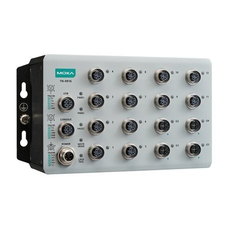 Moxa (TN-4916-4GTX-WV-CT-T) pramoninis saugus maršrutizatorius, komplektacija: 12 Fast Ethernet prievadai, 4 Gigabit Ethernet prievadai, 24...110 VDC maitinimo įėjimas, IP40, Darbinė temperatūra: -40...70 °C, apsauginė elektronikos danga