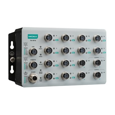 Moxa (TN-4916-ETBN-12PoE-4GTXBP-WV-CT-T) IEC 61375 ETBN pramoninis saugus maršrutizatorius, komplektacija: 12 Fast Ethernet PoE+ prievadai, 4 Gigabit Ethernet prievadai su apėjimo funkcija relė, bendras 95 W galios biudžetas, 24...110 VDC maitinimo įėjima Moxa (TN-4916-ETBN-12PoE-4GTXBP-WV-CT-T) IEC 61375 ETBN pramoninis saugus maršrutizatorius, komplektacija: 12 Fast Ethernet PoE+ prievadai, 4 Gigabit Ethernet prievadai su apėjimo funkcija relė, bendras 95 W galios biudžetas, 24...110 VDC maitinimo įėjima
