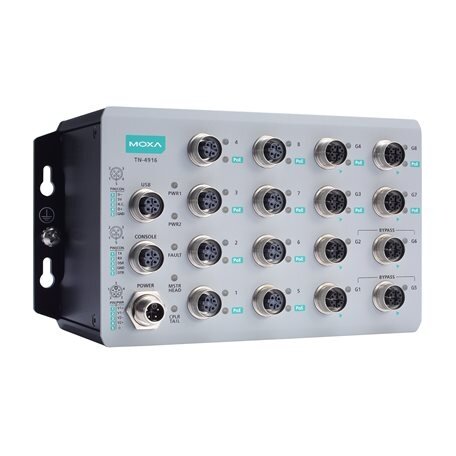 Moxa (TN-4916-ETBN-8PoE-4GPoE-4GTXBP-WV-CT-T) IEC 61375 ETBN pramoninis saugus maršrutizatorius, komplektacija: 8 Fast Ethernet PoE+ prievadai, 8 Gigabit Ethernet prievadai įskaitant 4 Gigabit Ethernet PoE+ prievadai, 4 Gigabit Ethernet prievadai su apėji Moxa (TN-4916-ETBN-8PoE-4GPoE-4GTXBP-WV-CT-T) IEC 61375 ETBN pramoninis saugus maršrutizatorius, komplektacija: 8 Fast Ethernet PoE+ prievadai, 8 Gigabit Ethernet prievadai įskaitant 4 Gigabit Ethernet PoE+ prievadai, 4 Gigabit Ethernet prievadai su apėji