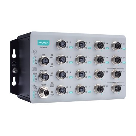 Moxa (TN-4916-ETBN-F-8PoE-4GPoE-4GTXBP-WV-CT-T) IEC 61375 ETBN pramoninis saugus ugniasienė maršrutizatorius su: 8 Fast Ethernet PoE+ prievadai, 8 Gigabit Ethernet prievadai įskaitant 4 Gigabit Ethernet PoE+ prievadai, 4 Gigabit Ethernet prievadai su apėj