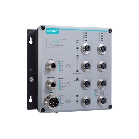 Moxa (TN-5508A-WV-T) valdomas Ethernet komutatorius, komplektacija: 8 10/100BaseT(X) prievadai, komplektacija: M12 jungtys, dvigubas rezervinis maitinimas įėjimai (24-110 VDC), Darbinė temperatūra: -40...75 °C