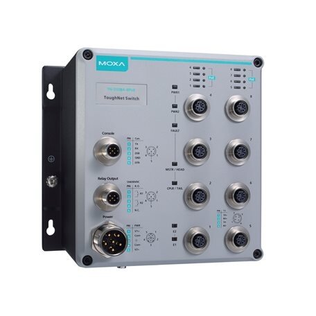 Moxa (TN-5510A-2GTXBP-WV-CT-T) 2 lygmens valdomas Ethernet komutatorius, komplektacija: 8 10/100BaseT(X) ir 2 10/100/1000BaseT(X) prievadai, komplektacija: M12 jungtis su apėjimo funkcija relė funkcija, 24...110 VDC dvigubas maitinimas įėjimas, Darbinė te 1