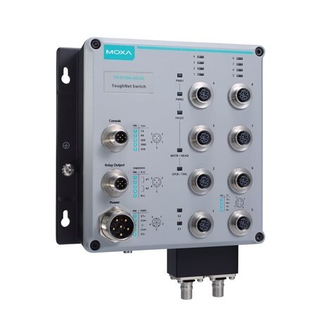 Moxa (TN-5510A-8PoE-2GTX-WV-CT-T) 8 10/100BaseT(X), komplektacija: 802.3ties PoE+ ir 2 GE prievadai, komplektacija: M12 jungtis, maitinimo įėjimas 24...110 VDC, Darbinė temperatūra: -40...75 °C, apsauginė elektronikos danga 2