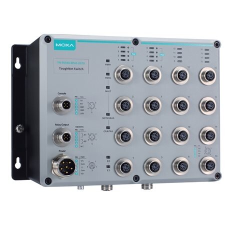 Moxa (TN-5518A-8PoE-2GTXBP-WV-T) 2 lygmens valdomas Ethernet komutatorius, komplektacija: 8 10/100BaseT(X) prievadai ir 8 802.3ties PoE+ M12 jungtys, 2 10/100/1000BaseT(X) M12 jungtys su apėjimo funkcija funkcija, 24...110 VDC, Darbinė temperatūra: -40... Moxa (TN-5518A-8PoE-2GTXBP-WV-T) 2 lygmens valdomas Ethernet komutatorius, komplektacija: 8 10/100BaseT(X) prievadai ir 8 802.3ties PoE+ M12 jungtys, 2 10/100/1000BaseT(X) M12 jungtys su apėjimo funkcija funkcija, 24...110 VDC, Darbinė temperatūra: -40...