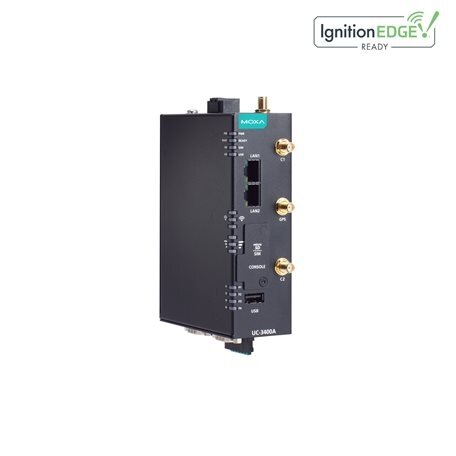 Moxa (UC-3420A-T-LTE) Arm® Cortex®-A53 keturių branduolių 64-bitų 1.4 GHz pramoninis kompiuteris, komplektacija: 2 Ethernet prievadai, 2 RS-232/422/485 nuosekliojo ryšio prievadai, 1 USB 2.0 prievadas, built-viduje LTE Cat. 4 modulis, 9...48 VDC, TPM v2.0 1