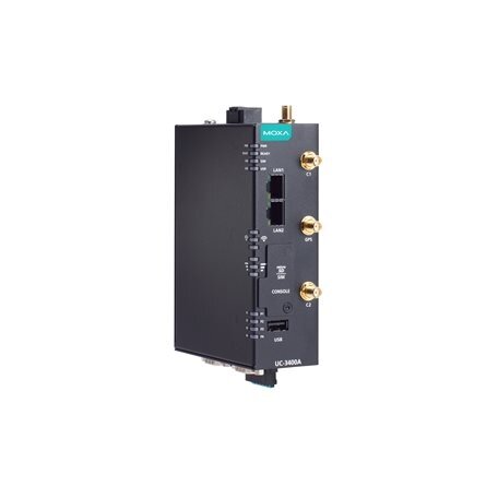 Moxa (UC-3434A-T-LTE-WiFi) Arm® Cortex®-A53 keturių branduolių 64-bitų 1.4 GHz pramoninis kompiuteris, komplektacija: 2 Ethernet prievadai, 2 RS-232/422/485 nuosekliojo ryšio prievadai, 2 CAN prievadai, 1 USB 2.0 prievadas, built-viduje LTE Cat. 4 ir Wi-F