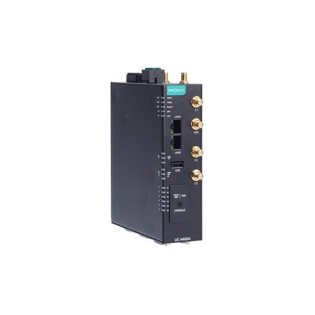 Moxa (UC-4450A-T-5G) Arm Cortex-A53 keturių branduolių 1.6 GHz pramoninis kompiuteris, komplektacija: 2 Ethernet prievadai, 2 nuosekliojo ryšio prievadai, 1 CAN prievadas, 4 skaitmeniniai įėjimai (DI), 4 skaitmeniniai išėjimai (DO), 5G NR modulis built-vi
