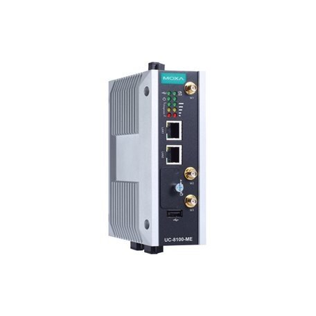Moxa (UC-8112-ME-T-LX) Arm architektūros su belaidžio ryšio funkcija DIN bėgelio pramoninis kompiuteris, komplektacija: 1 GHz CPU, 512 MB RAM, 2 Ethernet prievadai, 2 nuosekliojo ryšio prievadai, 1 mažas PCIe lizdas, Darbinė temperatūra: -40...85 °C 1