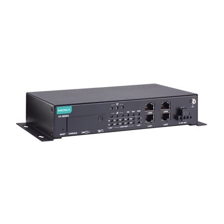 Moxa (UC-8630A-T) Arm Cortex-A72 dviejų branduolių 1.5 GHz dėžės tipo kompiuteris, komplektacija: 4 Ethernet prievadai, 8 nuosekliojo ryšio prievadai, 2 CAN prievadai, 4 skaitmeniniai įėjimai (DI), 4 skaitmeniniai išėjimai (DO), 1 M.2 M raktas lizdas skir