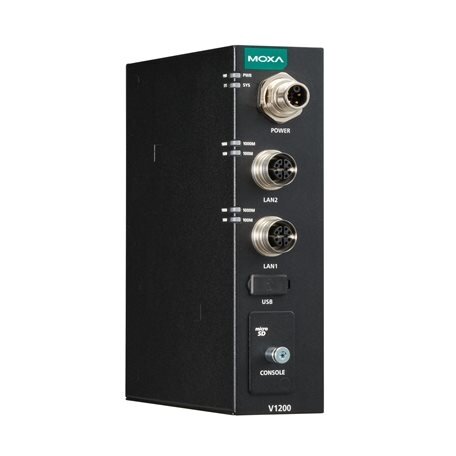 Moxa (V1202-CT-T) Arm architektūros kompaktiškas bėgelis kompiuteris, komplektacija: 2 GbE prievadai, 1 USB prievadas, 1 microSD lizdas, 24...110 VDC, Darbinė temperatūra: -40...70 °C, apsauginė elektronikos danga